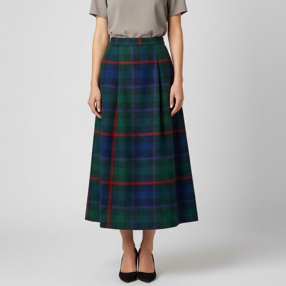 Vintage Claude Pleated Maxi Skirt Size 12 Green Plaid Colorful Wool Blend Lined